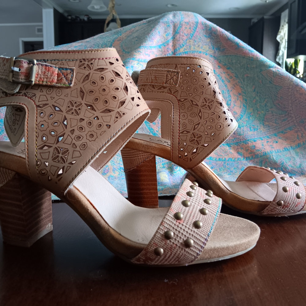 Tan Laser-Cut Block Heel Sandals